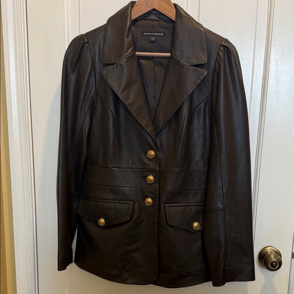 Boston Proper Dark Brown Leather Jacket with Gold Buttons